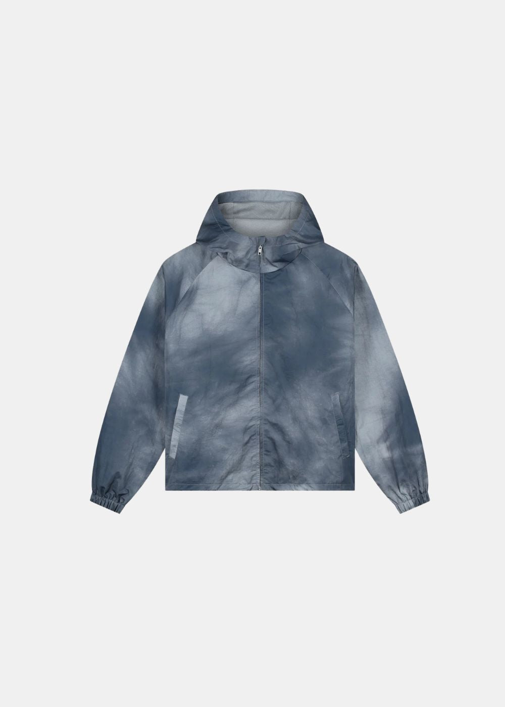 Packshot de face de la veste à capuche Arte bleu gris effet tie-dye avec fermeture zippée et poches latérales.