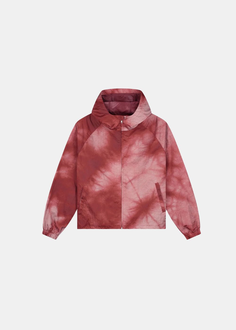 Packshot de face de la veste à capuche Arte bordeaux et rouge avec fermeture zippée et poches latérales.