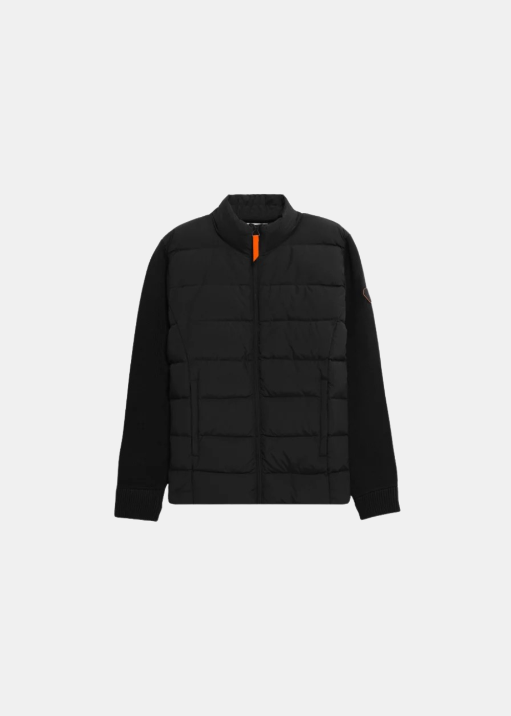 Packshot de la veste hybride matelassée noire Gertrude avec buste doudoune, manches en maille, col montant et tirette orange