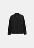 Packshot de la veste hybride matelassée noire Gertrude avec buste doudoune, manches en maille, col montant et tirette orange