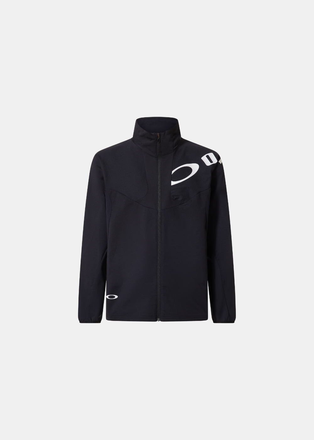 Veste de training noire Oakley Enhance Tech Jersey zippée avec grand logo blanc sur l'épaule gauche, de face.