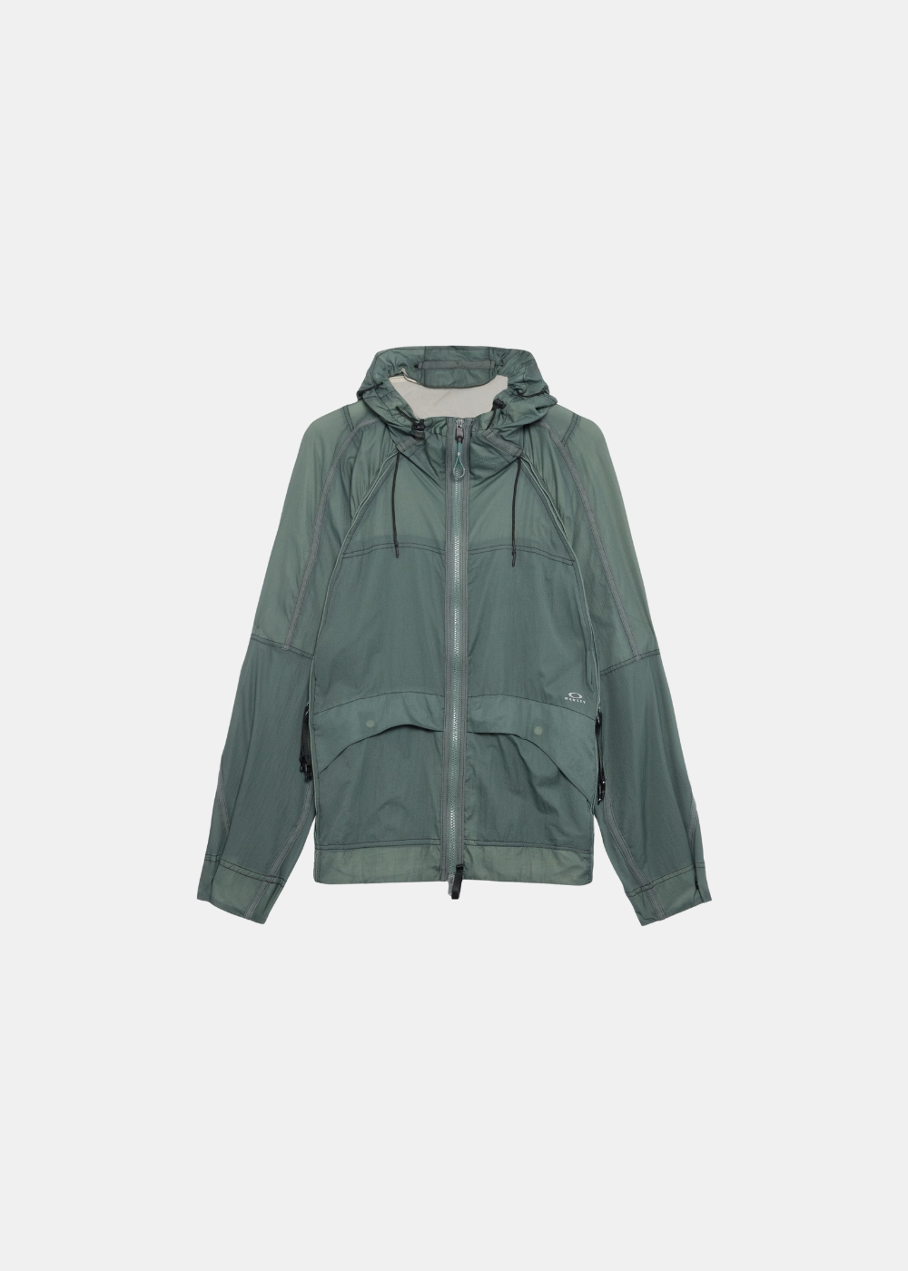 Veste coupe-vent Oakley Latitude Veil Flow verte présentée de face à plat avec capuche et zips.