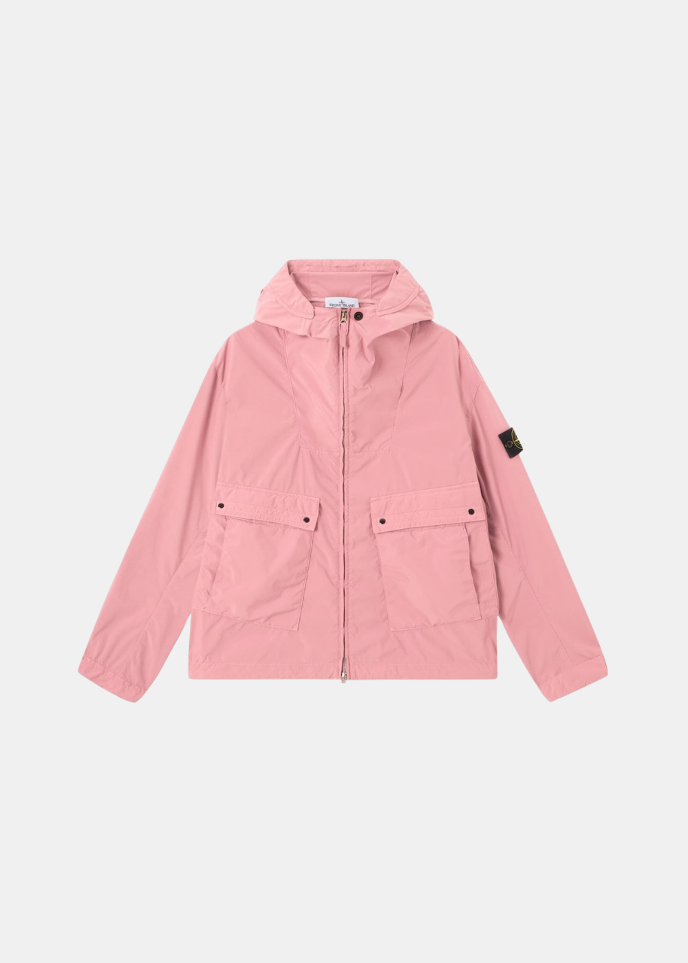 Veste technique rose Stone Island avec capuche et poches frontales zippées vue de face.