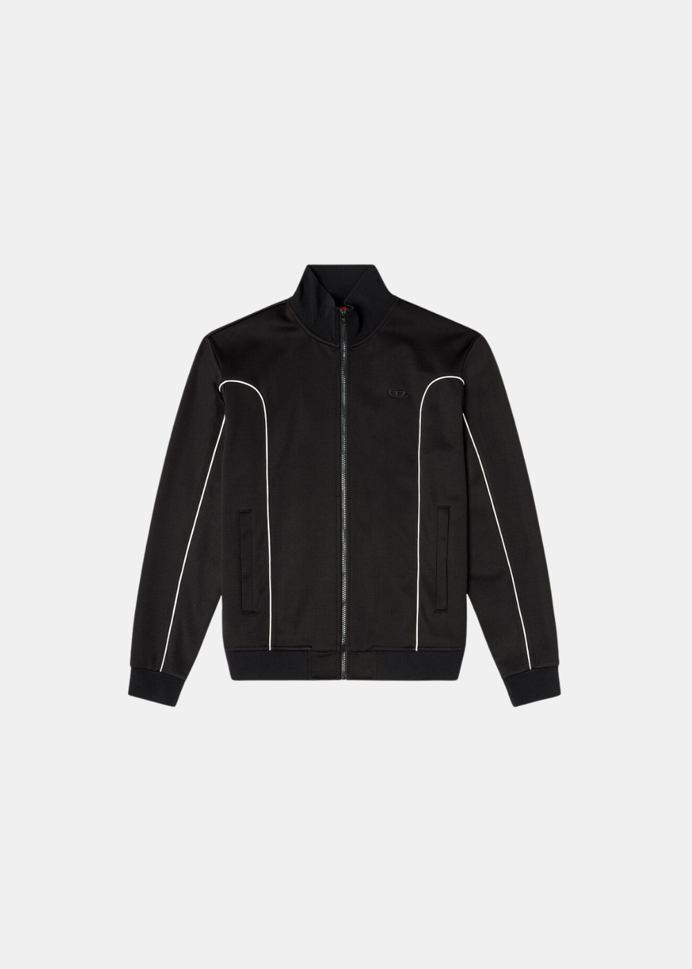 Packshot de face sur fond blanc de la veste de survêtement zippée Diesel noire à finitions passepoilées blanches.