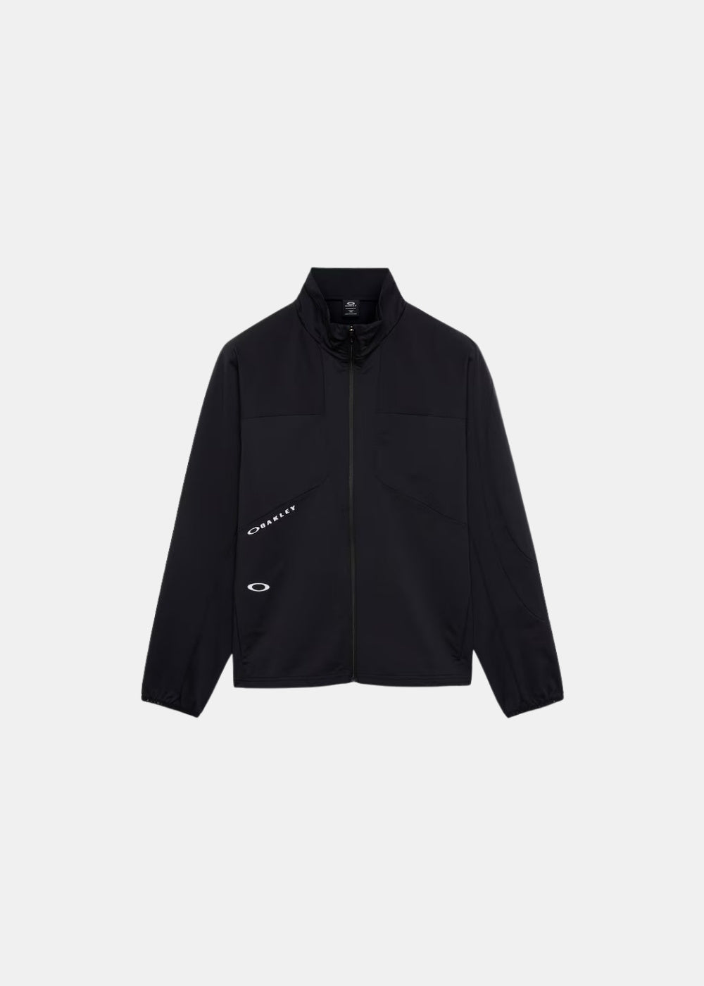 Packshot de face d'une veste technique noire Oakley Enhance zippée avec col montant, poche zippée et logo graphique.