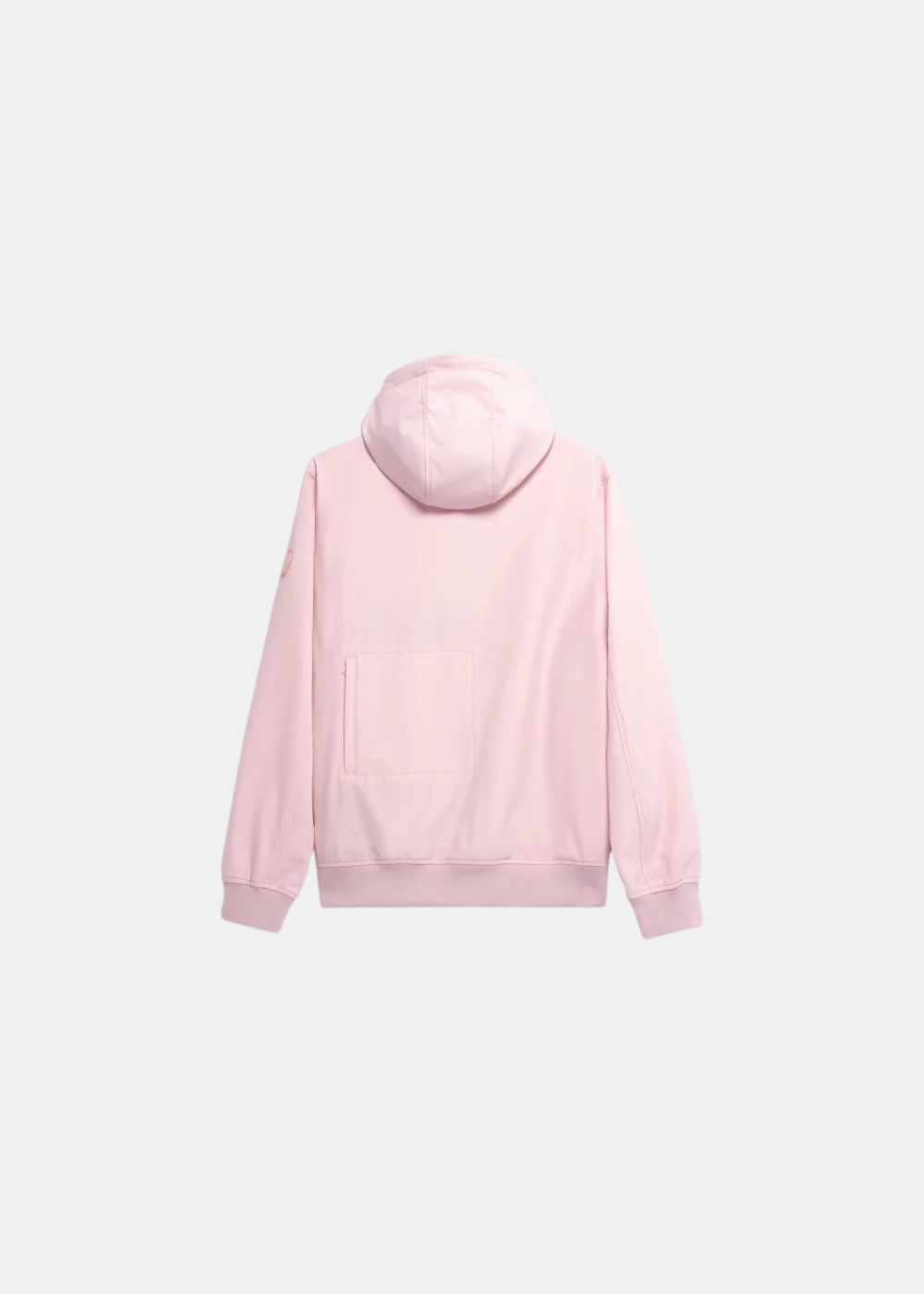 Vue de dos à plat de la veste technique Gertrude Ronaldo rose pastel montrant la coupe droite et la grande poche arrière.