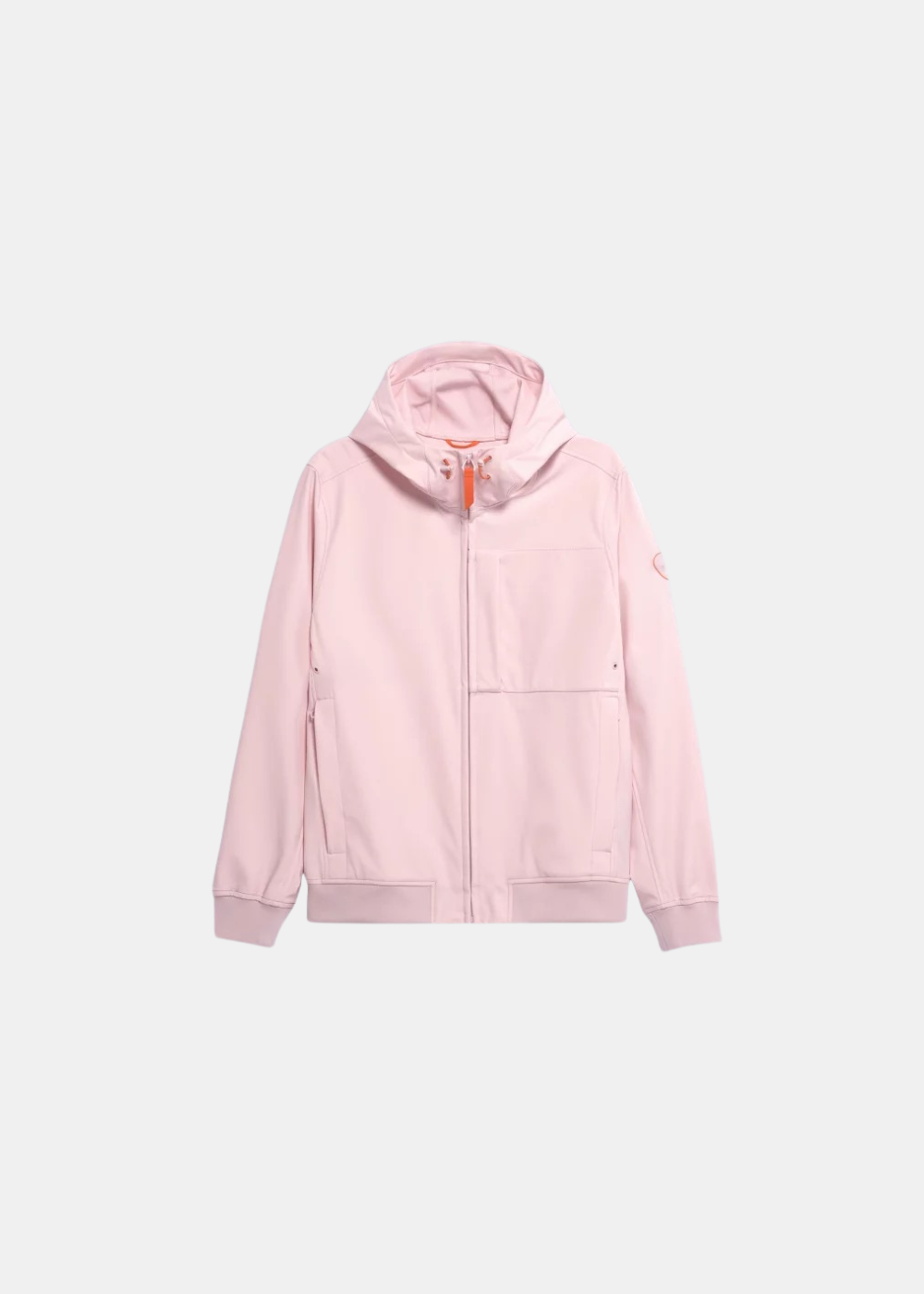 Vue de face à plat de la veste technique Gertrude Ronaldo rose pastel avec capuche ajustable et détails orange sur le zip.