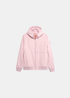 Vue de face à plat de la veste technique Gertrude Ronaldo rose pastel avec capuche ajustable et détails orange sur le zip.