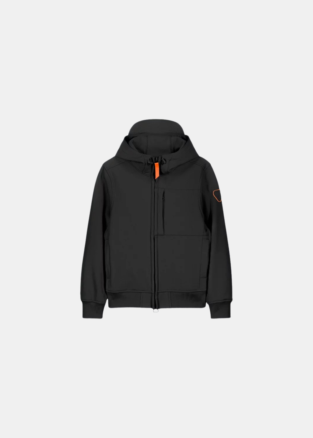 Packshot de face de la veste technique Ronaldo noire Gertrude avec tirette orange, poche poitrine et logo sur la manche.