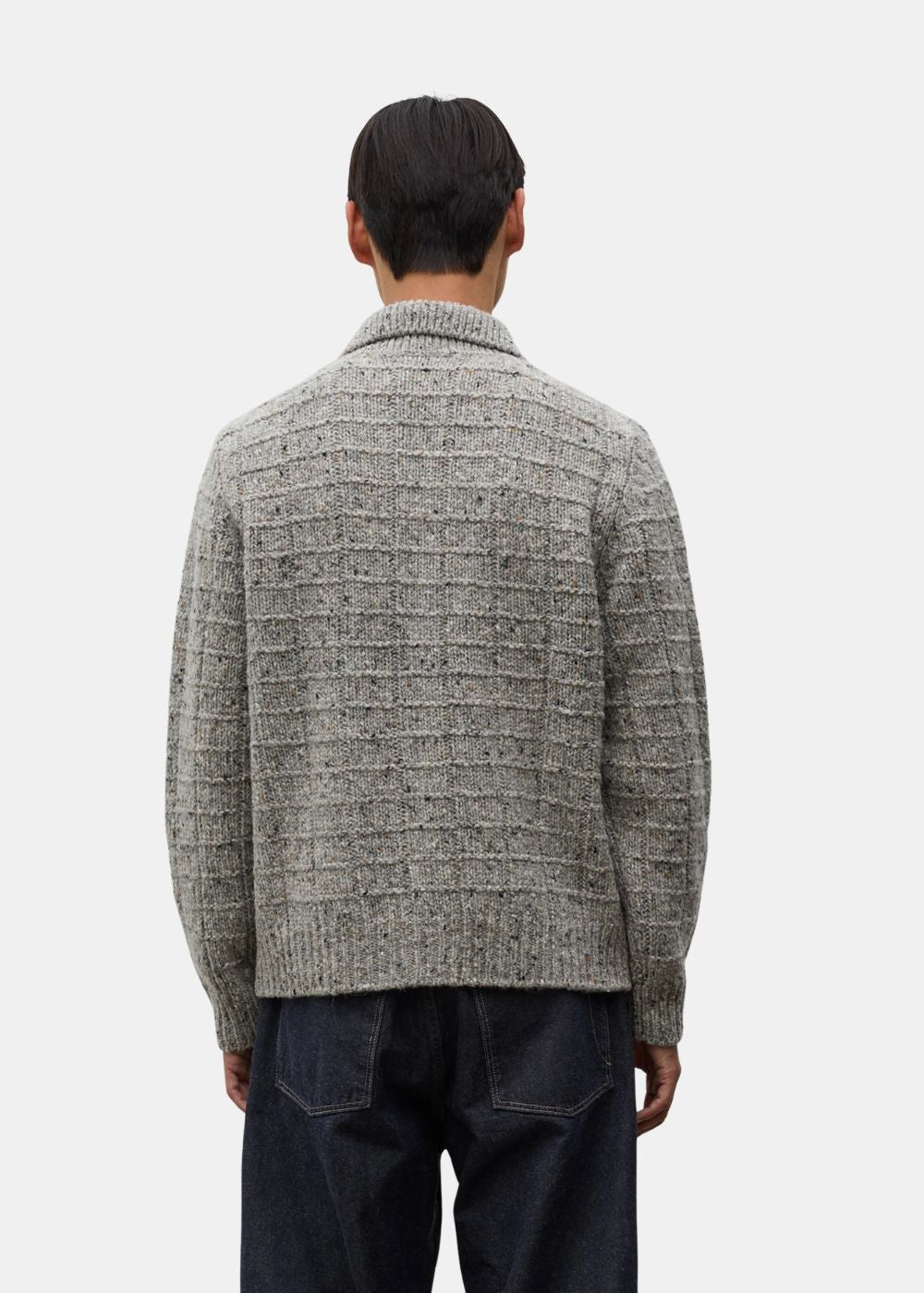 Vue de dos portée de la veste zippée en laine tricotée gris chiné Norse Projects
