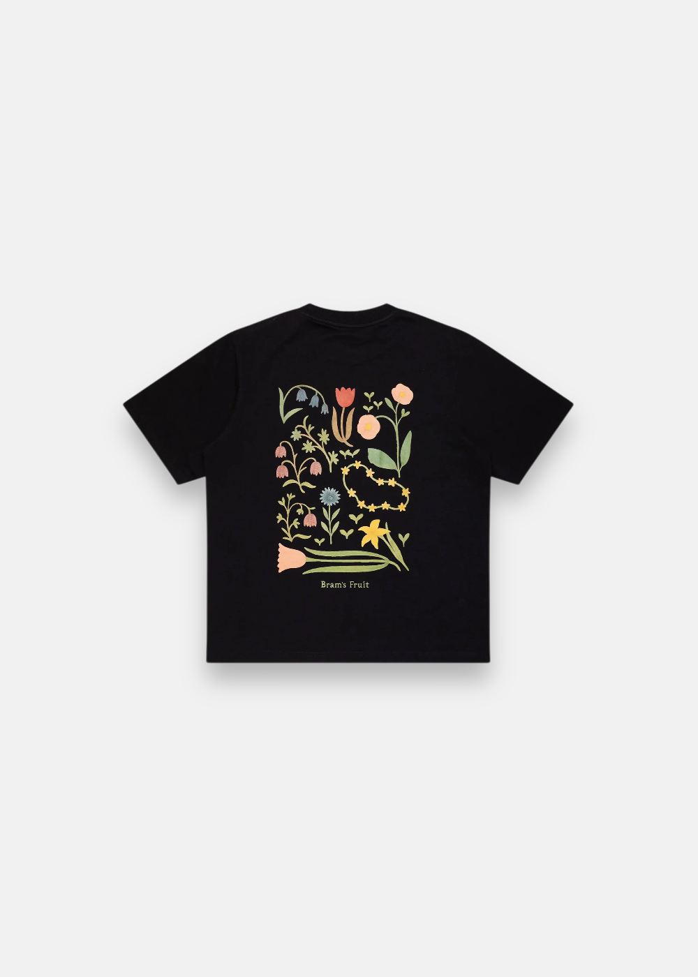 cette photo montre le T-shirt Noir Bram's Fruit en Coton Épais vue dos avec son logo botanique