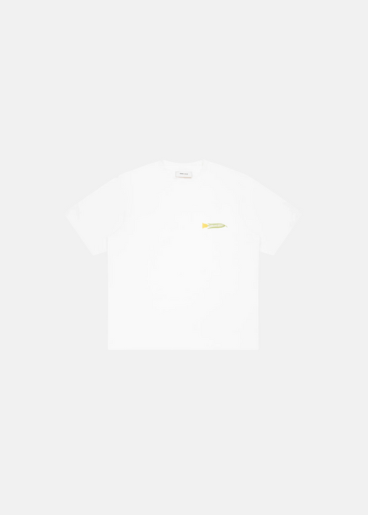 cette photo montre le t-shirt brams fruit blanc imprimé au dos vue de face