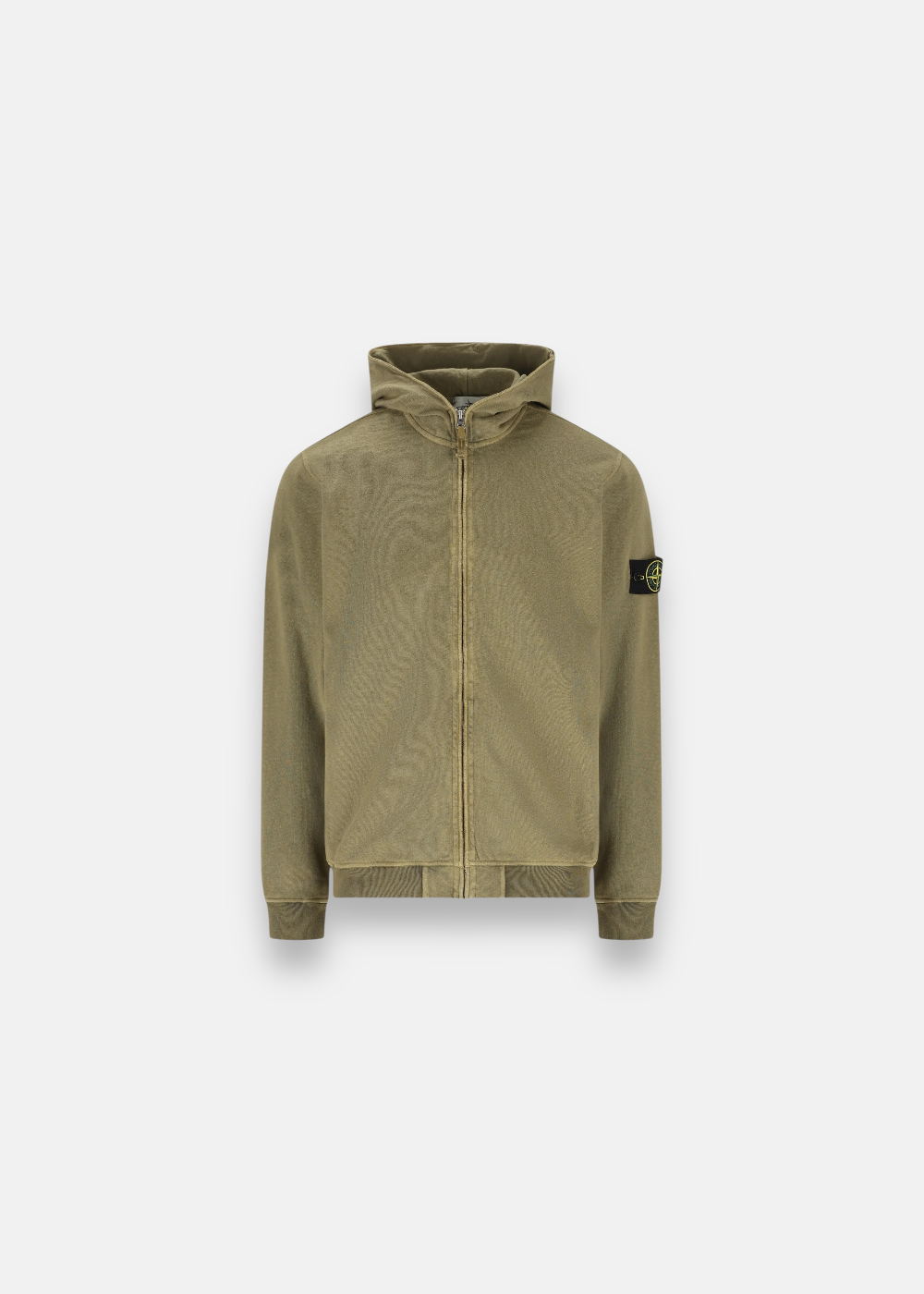 photo de face sur fond blanc du Sweat à capuche zippé Stone Island en coloris kaki