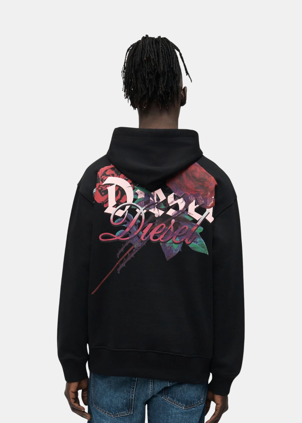 Sweat à capuche homme Diesel noir avec grand imprimé graphique floral et logo au dos porté de dos.