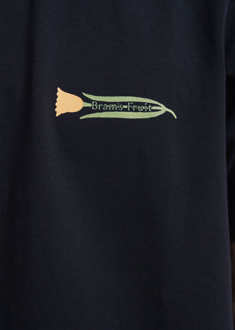 Gros plan sur le logo poitrine : une fleur horizontale stylisée contenant l'inscription "Bram's Fruit".